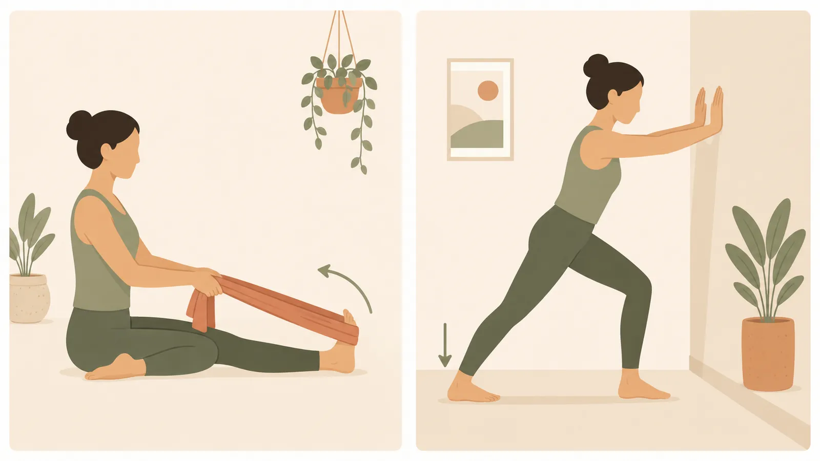 Two stretches for a night calf cramp. On the left, sitting with the leg straight and pulling the toes toward the shin with a towel. On the right, standing with hands on a wall, one leg stepped back and the heel pressed flat to lengthen the calf.