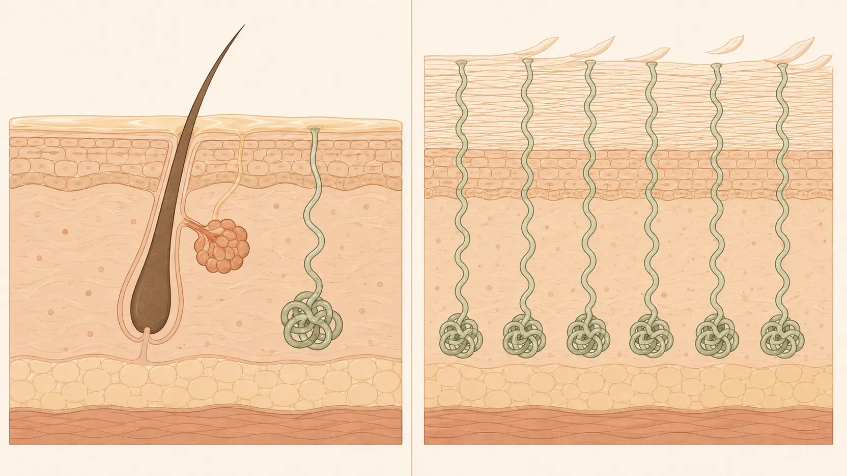 A cross-section of ordinary body skin beside a cross-section of the skin of the sole. On the left, a hair follicle with an oil gland attached to it, a film of oil along the surface, and a thin outer layer. On the right, no hair and no oil gland, a bare surface with no oil film, a far thicker outer layer with pale flakes lifting away at the top, and several sweat glands whose ducts run all the way up to the surface.