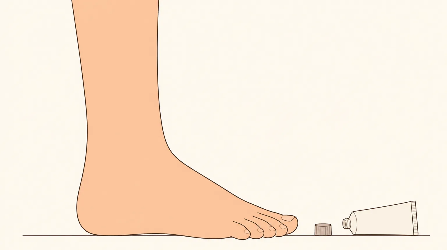 옆에서 본 맨발 하나가 바닥에 놓여 있다. 발 표면은 각질이나 붉은기 없이 매끈하고 아무 이상도 없어 보인다. 발가락 옆에는 뚜껑을 연 채 눕혀둔 로션 튜브가 놓여 있다.