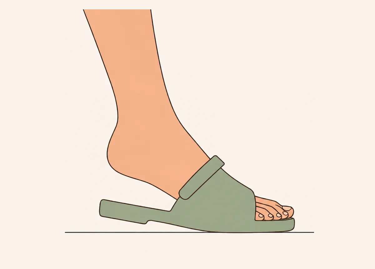Side view of a foot mid-step in a backless sandal. The heel has lifted while the back of the sole remains flat on the ground, leaving a wedge-shaped gap between the heel and the sole. The only place foot and shoe still meet is the band across the front of the foot, with the toes resting on the front of the sole.